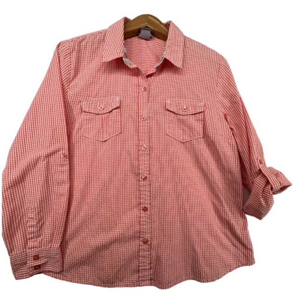 Laura Scott Women Top Sz L Petite Orange Gingham CottageCore Roll Tab Slv Granny